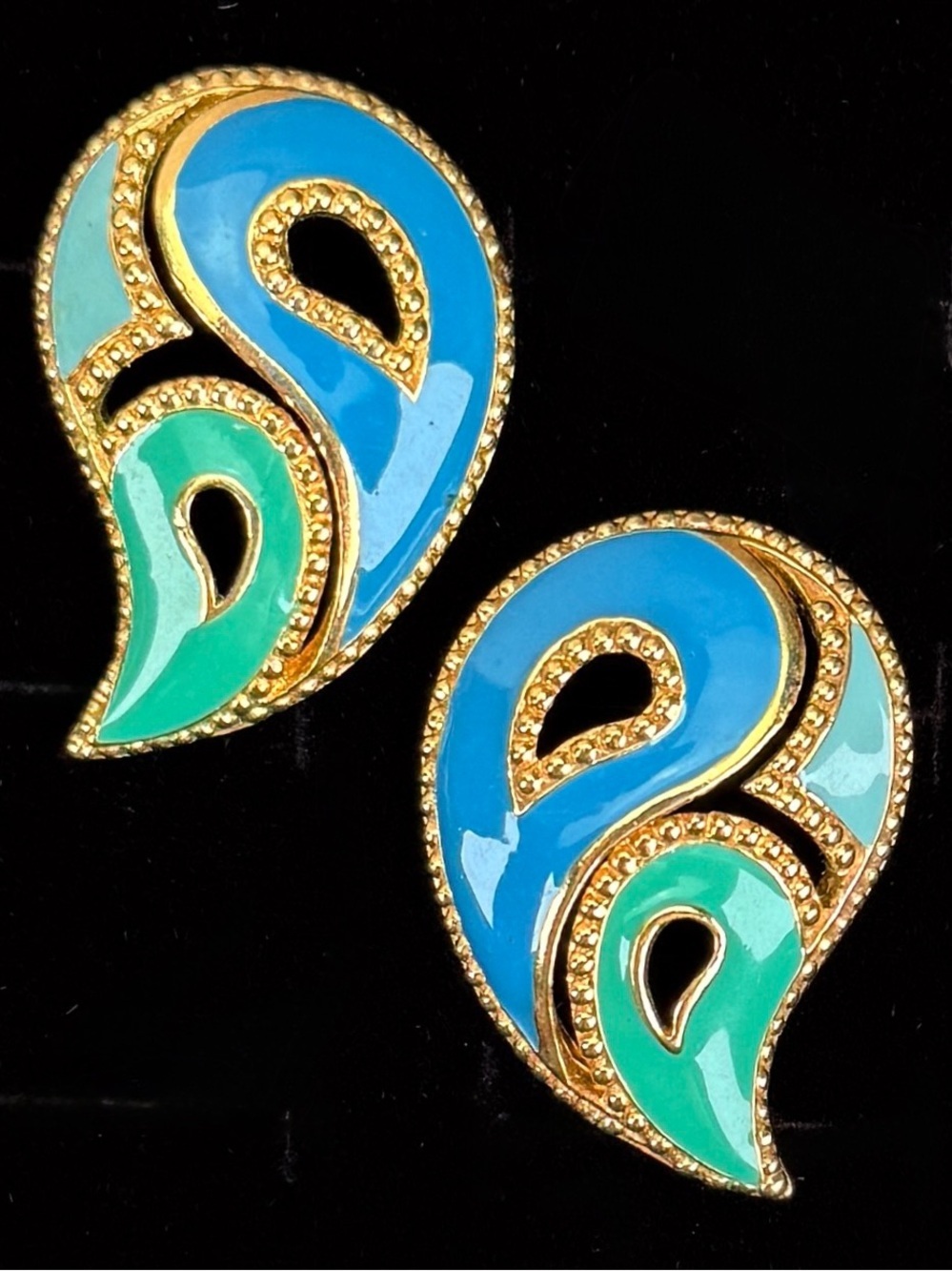 Vintage Goldtone and Blue Green Paisley Pierced Earrings